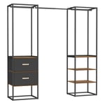 Penderie, Armoire Ouverte, Placard, Porte-Vêtements Solide avec 1 Tringle Extensible, 2 Tiroirs et 4 Étagères, pour Chambre, Gain de Place, Marron