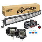 RIGIDON 32 Pouces 80 cm 405W incurvée barre de led 4x4 avec 12v faisceau de câblage kit, 2 x 4 Pouces 60W phare de travail led, Barre lumineuse led pour offroad Véhicules Voiture camions ATV tracteur