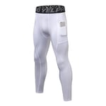 Legging Sport Homme Séchage Rapide Pantalon de Compression, Baselayer Collant Running avec Poches pour Course Jogging Cyclisme Blanc L