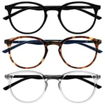 OPULIZE Met Lunettes de Lecture Anti-Lumière Bleue Pack de 3 Montures Rondes et Minces Charnières à Ressort Améliore le Sommeil Jeux Ordinateur Noir Marron Transparente Hommes Femmes BBB60-12C +2.50