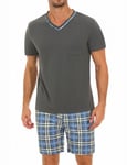 Demegimi Pyjama Homme Été Pyjama Homme Coton Court Ensembles de Pyjama Ete Chemise col V Manches Courtes Pijamas Ensemble Pyjama Estival(Gris+Bleu,XL)