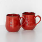 Set of 4 Large 400ml Red Glazed Mugs Ribbed Stoneware Tea Coffee Soup Barrel Cup