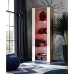 Vitrine Armoire Tivoli, Wotan/Blanc, Largeur 55cm x Hauteur 159cm x Profondeur 35cm, led rgb, 3 étagères, pour Salon, Chambre, Entrée - Komodee