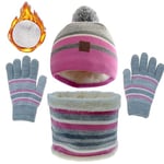 JFAN 3 en 1 Chaud Tricot Bonnet Enfant Hiver Chapeau Echarpe Gants Ensemble Lot de 6 Motifs Rayures Mignonne Multicolore Ski Cap Taille unique Rose rayé