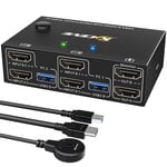 Commutateur Kvm Usb 3.0 Hdmi 2 Pc 2 Monitore, Simulation Edid, 4K@60Hz Extended Display, Hdmi 2.0, Switch Kvm Dual Monitor 2 Pc Teilen Kabellose Tastatur, Maus, Wired Remote Und 4 [PCZ230207]