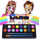 ACWOO Face Paint Kit for Kids, 16 Colors Professional Face Body Painting with 2 Brushes, Non-Toxic Safe Face Paint Set, Washable Oil Based Face Paints Makeup kit for Halloween, Party, Cosplay