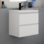 Meuble de salle de bain avec lavabo, 60 cm, 2 tiroirs avec fermeture amortie, meuble suspendu blanc