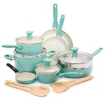 GreenPan Rio Healthy Ceramic Non-Stick 16 Piece Pots and Pans Cookware Set, Includes Frying Pans, Saucepans, Utensils,PFAS Free,Stay-Cool Handle,Oven Safe up to 160°C,Dishwasher Safe,Turquoise & Cream