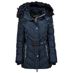 Geographical Norway BECKY LADY - Parka Chaude Femme - Manteau Épais Capuche Fausse Fourrure - Blouson Coupe Vent Hiver - Doudoune Long Doublure Chaud Femme Mode Élegant MARINE S