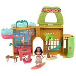 Mattel Disney Histoires à empiler L’île de Vaiana Maison de poupée et poupée princesse Vaiana, avec petite poupée, 2 figurines animaux et 8 accessoires de jeu, jouet inspiré du film Disney HXK09