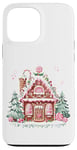 Coque pour iPhone 13 Pro Max Jolie maison en pain d'épice avec flocons de neige en glaçage rose