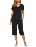 Ekouaer Ensemble Pyjama Court 2 Pièces pour Femme en Tricot Côtelé, Tenues Assorties, T-Shirt, Vêtements de Nuit, Survêtements, Noir, L