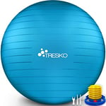 TRESKO® Ballon de Gymnastique | Anti-éclatement | Boule d'assise | Balle de Yoga | Balles d'exercices Fitness | 300 kg | avec Pompe à air | Bleu | 65cm