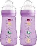 MAM Easy Active Baby Bottle with Medium Flow MAM Teats Size 2, Twin Pack of Baby Bottles, Baby Feeding, 270 ml, Purple (Designs May Vary)