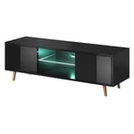 Meuble TV design EDEN 140 cm, 2 portes et 2 niches, coloris noir + LED. Type scandinave.