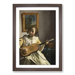 Big Box Art Girl Playing Instrument by Johannes Vermeer Framed Wall Art Picture Print Ready to Hang, Walnut A2 (62 x 45 cm)