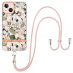 iPhone 15 Plus Skal Blommönster med Strap Grön Gardenia