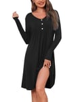 Crewhpo Chemise de Nuit Femme Manches Longues Vêtement de Nuit Coton Col V Robe de Nuit Longues pour Hiver Chemise de Nuit de Couleur Unie Confortable et Doux