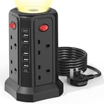 Tower Extension Lead with USB Slots and Night Light, (13A 3250W)5 USB Ports & 8 Way Socket Extension Tower, Surge Protected Extension Lead with 4 Switches, 1.8M Extension Cable for Home, Office