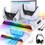 Support de Ventilateur de Refroidissement pour PS5 Slim Disc/Digital Edition avec Station de Charge pour Contrôleur, Accessoire avec Indicateur 9RVB/3Ports USB/Support de Casqu pour PlayStation 5 Slim