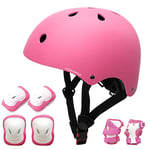 KORIMEFA Casque Vélo Enfant Set de Protection Roller pour Enfants Filles Garçons 3-13 Ans Casque Réglable Coudières Genouillère Protège-Poignets Protection Trottinette Skateboard (Pink, M)