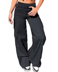 Nuofengkudu Womens Black Wide Leg Cargo Pants Y2K Stretch Multi Pockets Utility Bootcut Elasticated High Waisted Flared Bootleg Loose Fit Pull on Work Pants Gothic Bottoms Streetwear Casual L