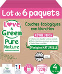 Love & Green Pure Nature Lot de 6 dans une boîte- 228 Couches écologiques non blanchies T4 x 38 (7-14 kg)