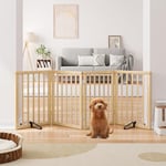 Semiocthome Freestanding Dog Gates and Barriers Indoor, Pet Gates for Doorways and Stairs, 24" H-4 Panels Puppy Gate with 2 Metals Stands, Fully Assembled Adjustable Safety Fence Fit Up to 74" W Beige