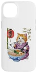 Coque pour iPhone 14 Plus Chat animé mignon en kimono mangeant des ramen Anime drôle