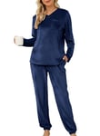 Lovasy Fleece Pyjamas for Women Warm Womens Pyjama Sets Ladies Fluffy fleece Pyjamas Twosie Fluffy Pjs for Women Sets Soft Fluffy Loungewear with Pockets for Winter,Navy Blue,S