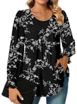 Bestbee Womens Long Sleeve Tunic Tops Dressy Chiffon Blouses Crew-Neck Smocked Cuffs Sleeve Shirts Casual T-Shirts Ladies Pleated Tops, Black-White Flower, 3XL