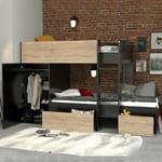 Le Quai Des Affaires - Lit superposé twin 90x190 avec armoire et tiroirs + 2 sommiers / Décor Chêne Blanchi et Noir/ - Noir