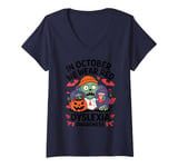 Womens In October We Wear Red Zombie Dyslexia Awareness Halloween V-Neck T-Shirt