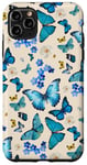 Coque pour iPhone 11 Pro Max Papillons bleus sur beige crémeux avec des accents floraux