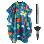 AYBUY Cape de Coiffure pour Enfants, 3 Pièces Enfants Coiffure Tablier avec Brosse Plumeau de Cou et Un Peigne, Cape de Barbier pour Studio et Maison, Modèle de Dinosaure de Dessin Animé Bleu