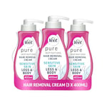 Veet Pure Hair Removal Cream, 400ml each (Pack of 3) Legs & Body, Sensitive Skin, 1 Spatula, Long Lasting Smoothness, Hydrates & Exfoliates Skin, Least Number of Ingredients, (Packaging may vary)