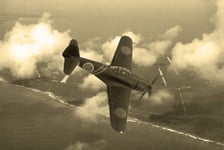 World War 2 era fighter plane Japnese aricraft N1K-J Shiden known as Geroge by the allies Flying over the pacific Island of Saipan Computer Image Artists impression