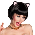 Ladies Black Long Bob Wig With Kitty Cat Ears Fancy Dress Accessory