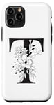 Coque pour iPhone 11 Pro Lettre T noire avec initiale florale monogramme