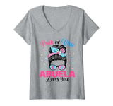 Womens Pink or Blue Abuela Loves You Gender Reveal Messy Bun V-Neck T-Shirt