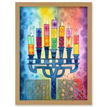 Jewish Menorah Candles Multicolour Folk Art Watercolour Painting Artwork Framed Wall Art Print A4