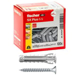 Fischer Lot de 100 chevilles SX Plus avec vis 5 x 25 mm pour mur plein, brique perforée, maçonnerie, béton, pour la fixation de lustres, meubles, armoires, étagères, 567620