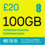 EE Sim Card Pay As You Go £20 Pack 100GB Data Unlimited SMS Mini Micro Nano PAYG