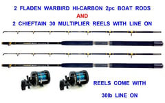 NEW 2 FLADEN WARBIRD 6ft CARBON BOAT RODS+2 CHIEFTAIN 30 MULTIPLIER REELS+LINE