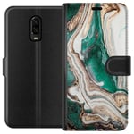 OnePlus 6T Svart Plånboksfodral Grön / Guld marmor