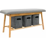 Dunedesign - Banc Scandinave avec 3 Paniers de Rangement 90x34x44 Banquette d'Entrée Bambou - Bambus