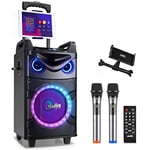 Moukey Karaoke Machine,10 Inch Subwoofer PA System,Bluetooth Speaker with 2 Wireless Microphones,Tablet Holder,Disco Lights,Remote,Wheels,Supports Bass/Treble Adjustment,TWS/REC/AUX/MP3/USB/FM/TF