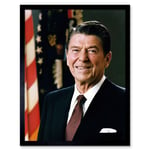 Official Portrait US President Ronald Reagan Photograph Politician USA Flag Art Print Framed Poster Wall Decor 12x16 inch