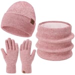 Femmes Hiver Chaud Bonnet Echarpe Thermique Gants Tactiles Ensemble Tricot Slouchy Cache-Cou Cadeau Femme