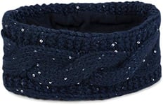 styleBREAKER Bandeau pour dames en grosse maille avec motif de tresse et paillettes, doublure polaire chaude, bandeau pour les cheveux, bandeau 04026002, couleur:Bleu foncé